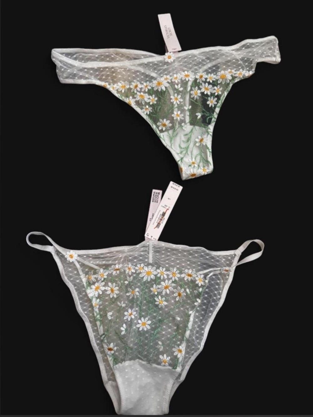 Victoria's Secret White Sheer Mesh Thong with Daisy Embroidery